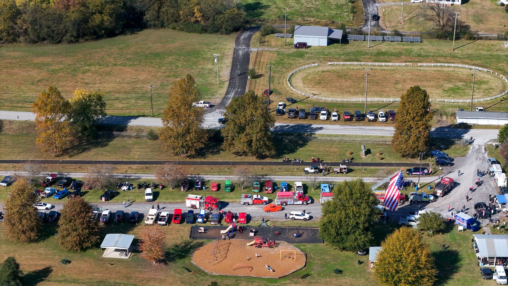 Aerial of a community festival and car show in Middle Tennessee