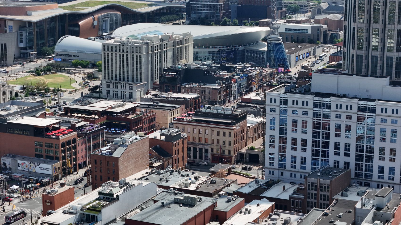 Aerial of Lower Broadway and Bridgestone Arena in downtown Nashville