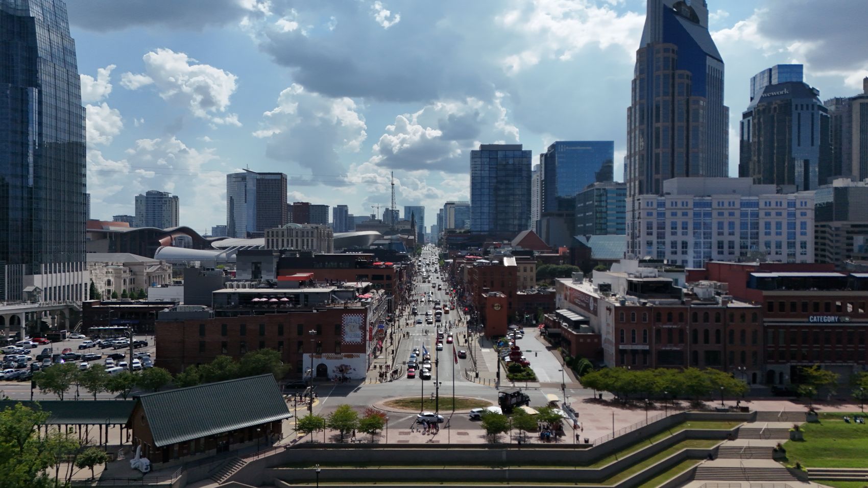 Aerial looking up Lower Broadway toward the downtown Nashville skyline