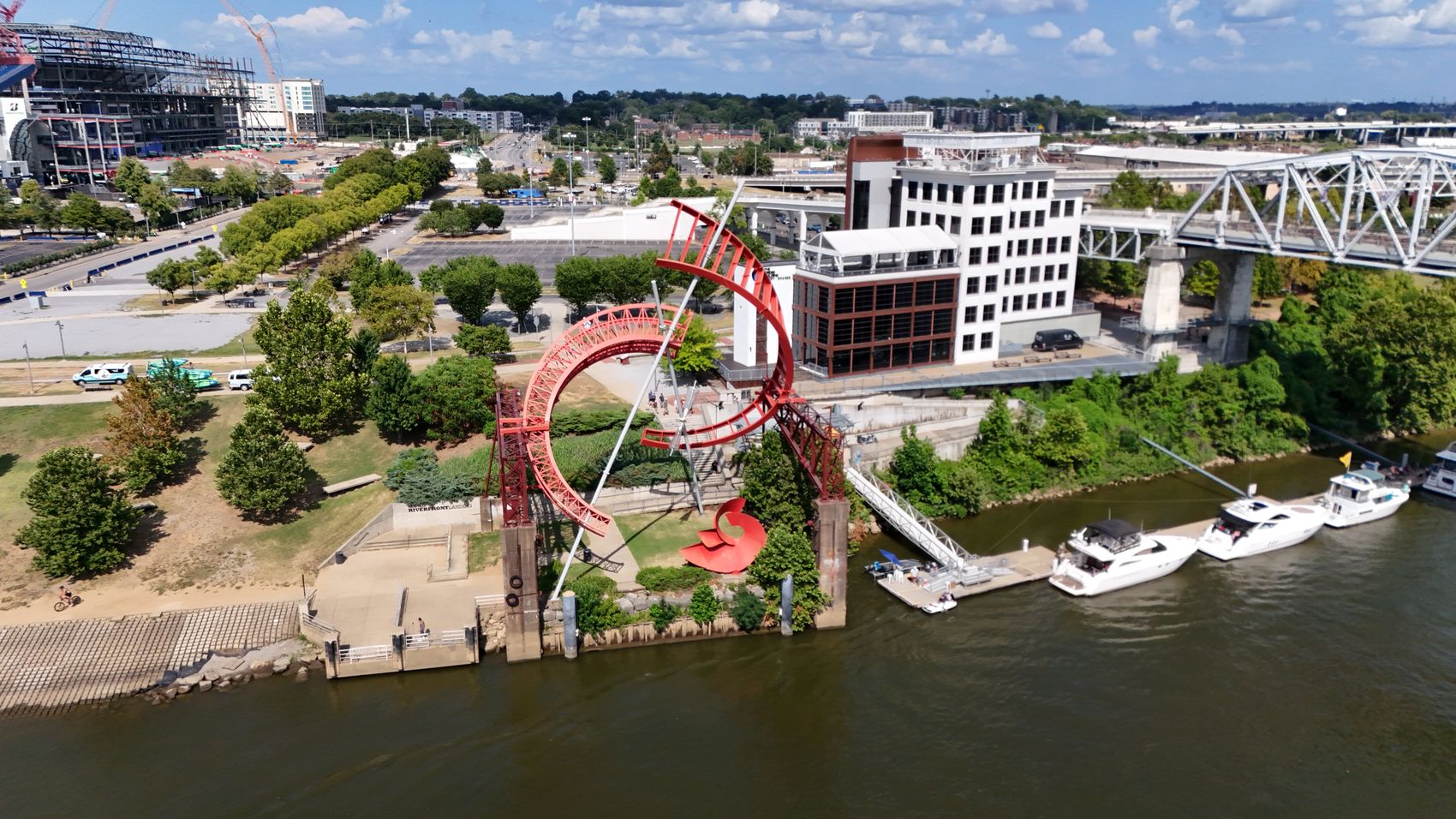 Aerial of Nashville's riverfront and the Cumberland River