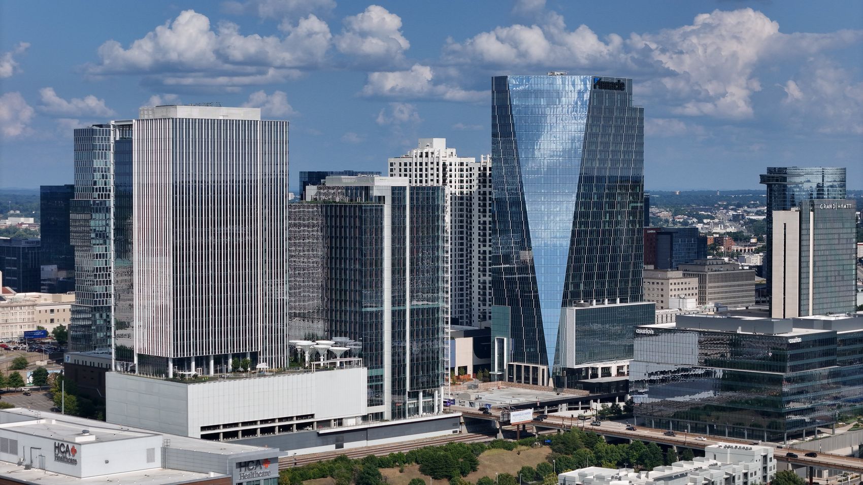Aerial of modern downtown Nashville office towers near Nashville Yards
