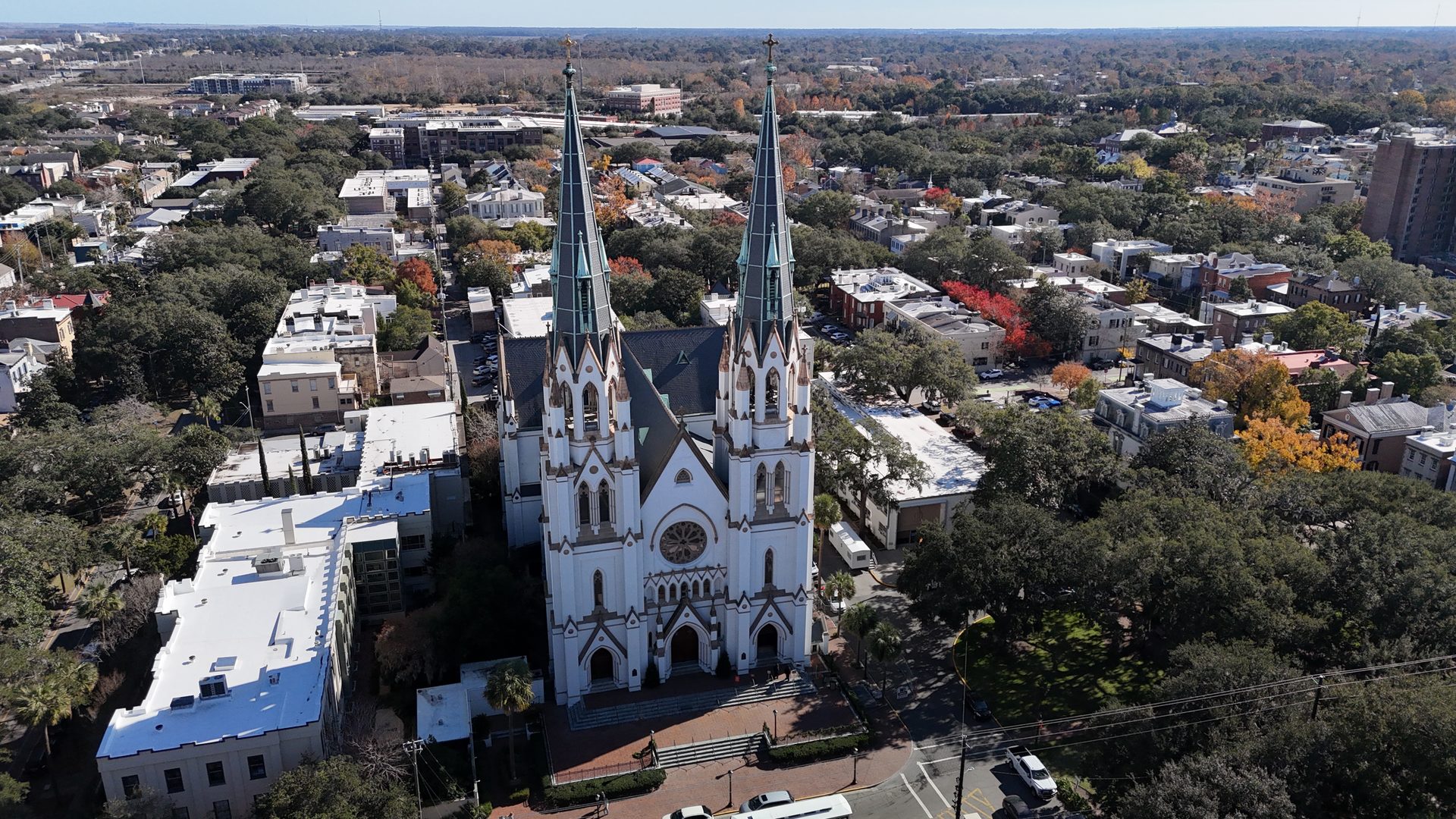 Aerial of a cathedral, controlled-airspace UUAS work, background