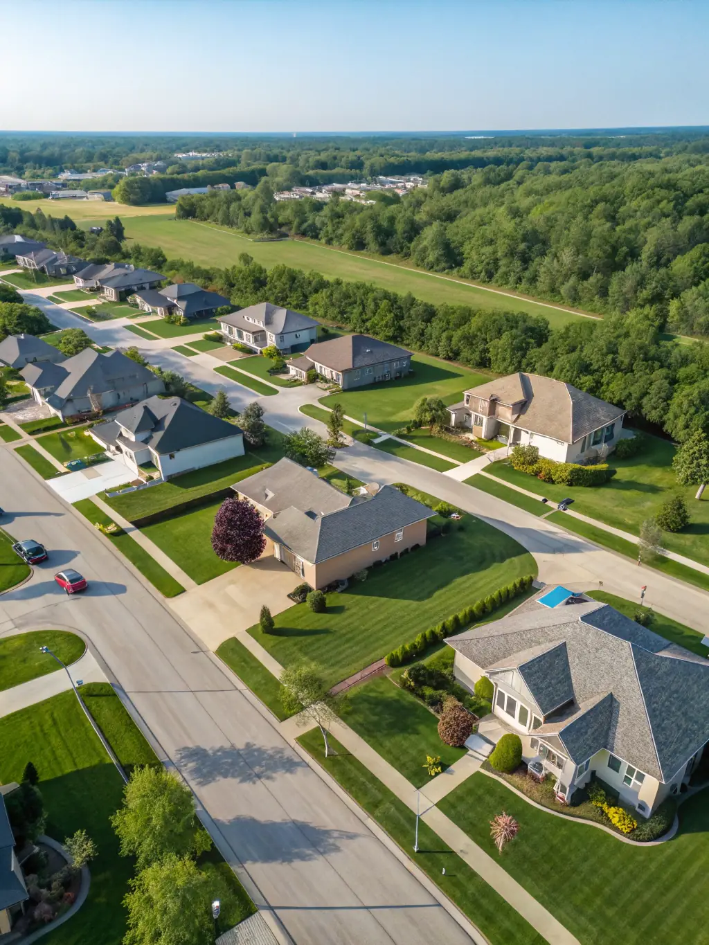 Aerial footage of a residential property showcasing the house, yard, and surrounding neighborhood, emphasizing its prime location.
