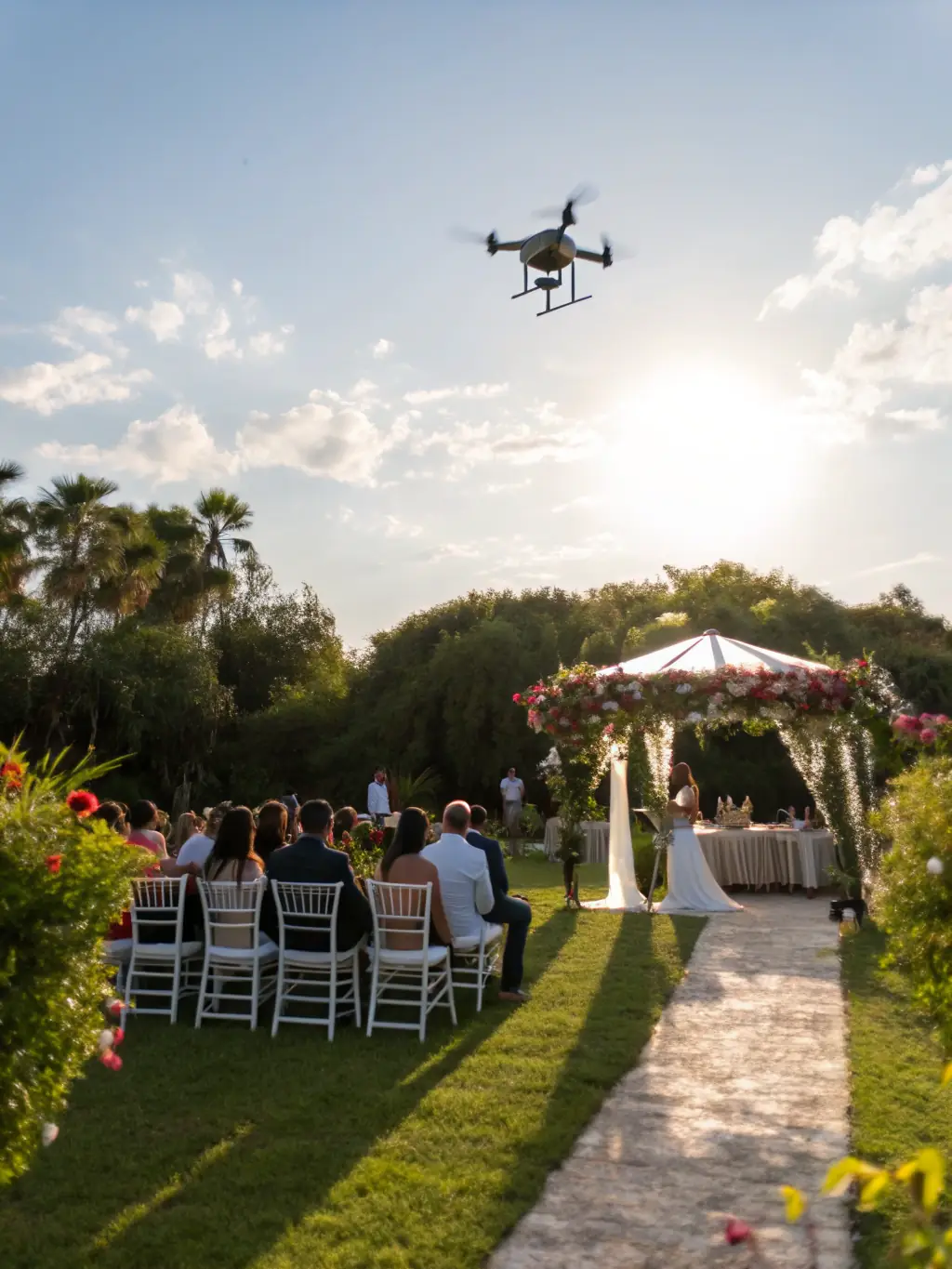 A drone capturing a large outdoor wedding ceremony from above, showing the scale and beauty of the event.