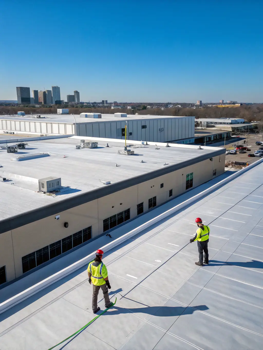 A drone inspecting the roof of a commercial building, highlighting potential damage and wear. The image should convey precision and safety.