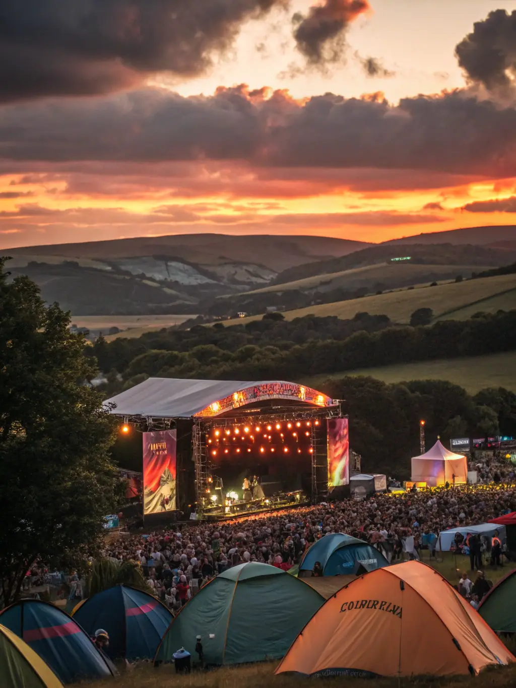 A drone filming an outdoor music festival, capturing the energy and excitement of the event from above. The image should be dynamic and engaging.