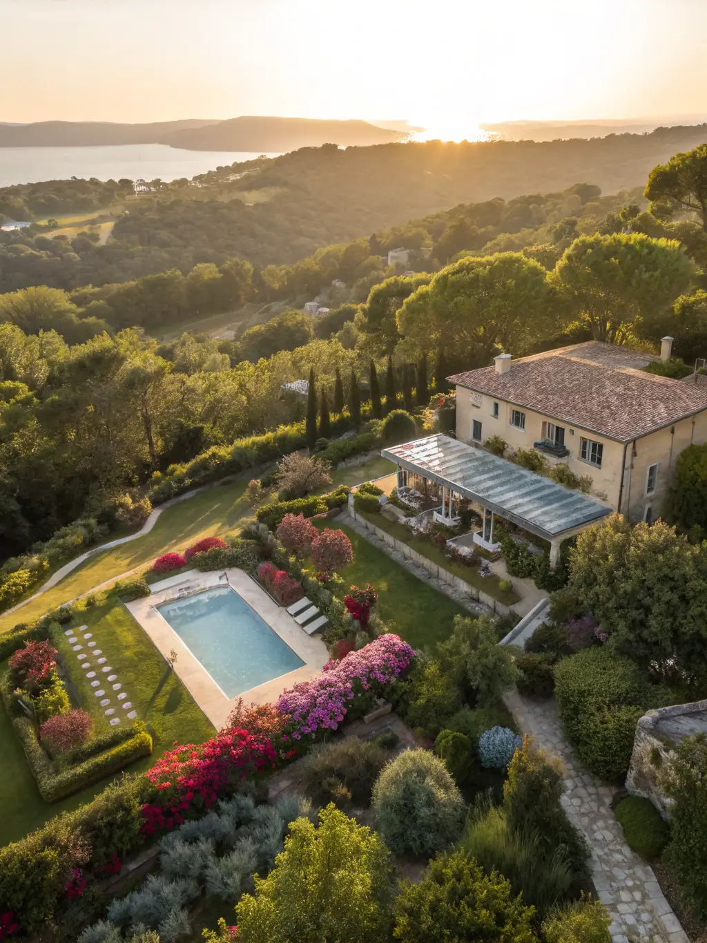 A drone capturing aerial footage of a luxury home with expansive grounds, showcasing its best features. The image should be vibrant and appealing.